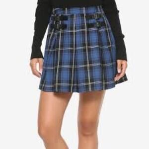 Hot Topic Blue Black  Plaid Pleated Double Buckle Skirt Size XL